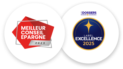 logo meilleur conseil épargne 2025 et logo label excellence 2025