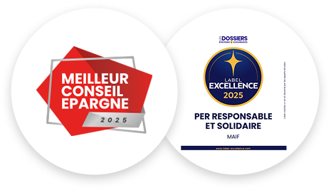logo du meilleure conseil épargne 2025 et logo du label excellence 2025 du produit per responsable et solidaire MAIF