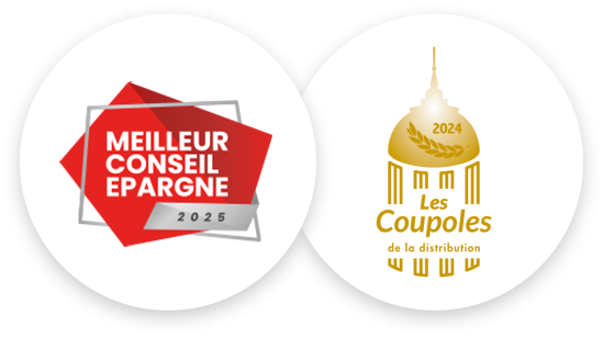logos label meilleur conseil épargne 2025 et label les coupoles de la distribution